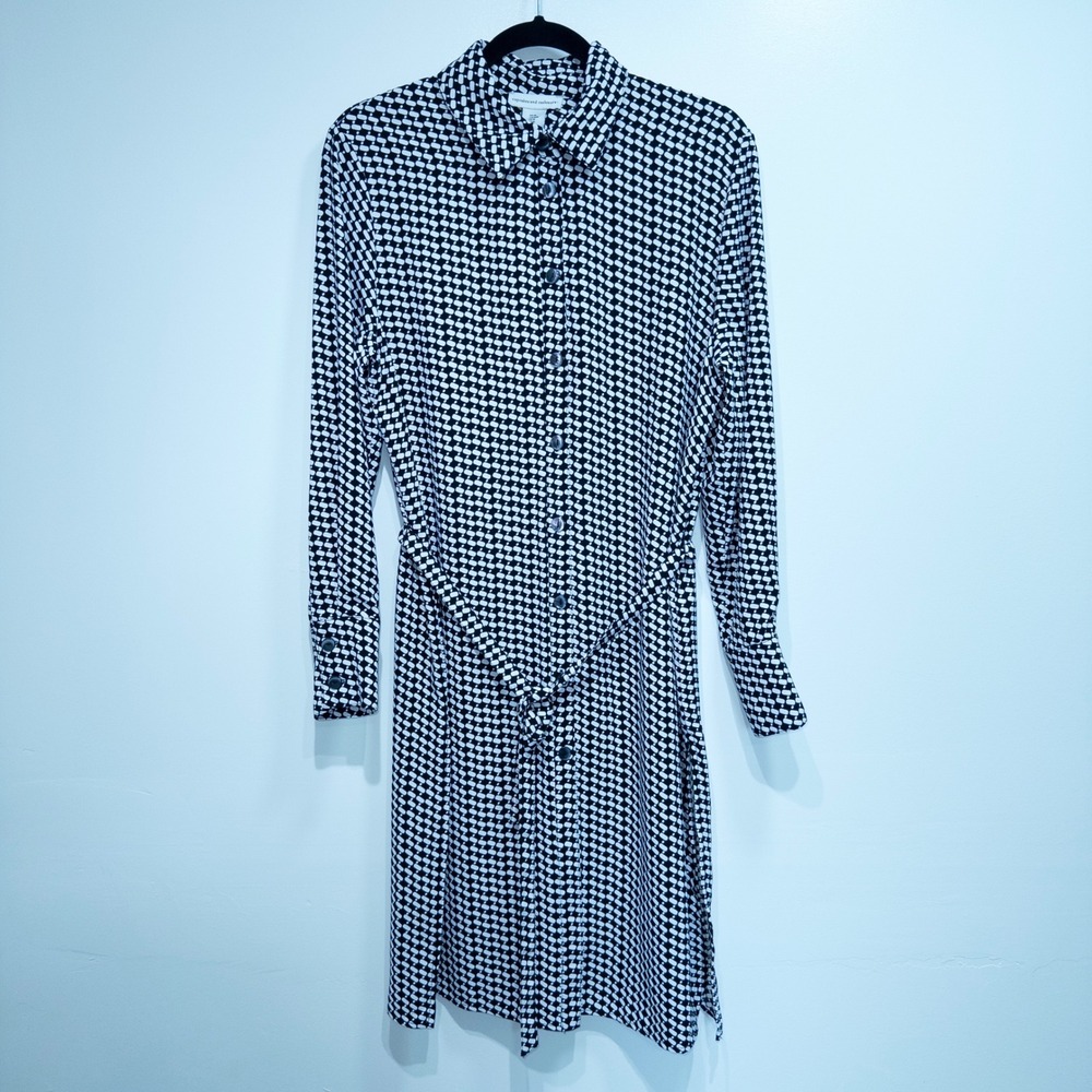 Cupcakes & Cashmere‎ Black White Houndstooth Belted Shirt Dress Medium NWT